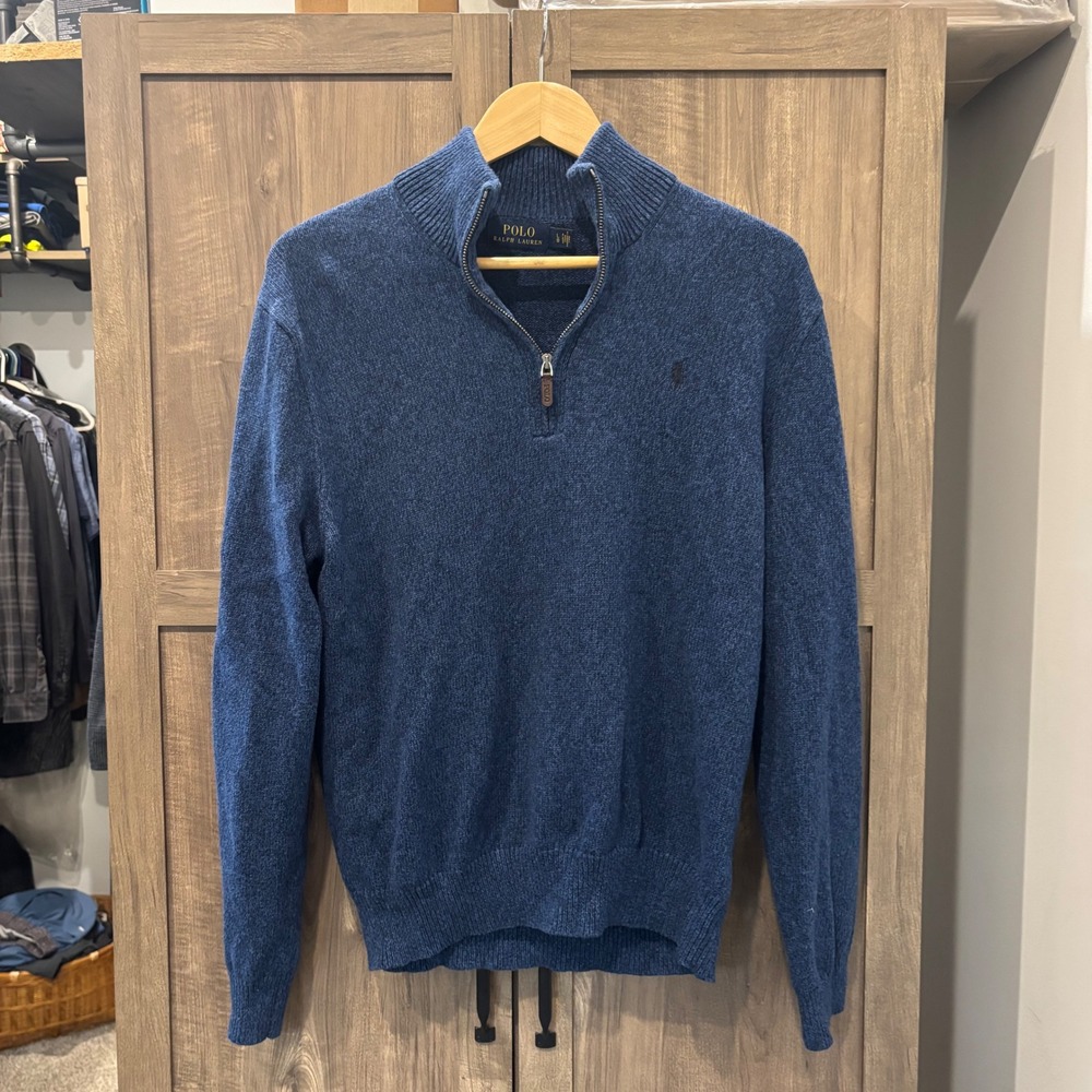 Polo Ralph Lauren Mens Sweater Blue Cotton Quarter Zip Pullover Large Mock Neck